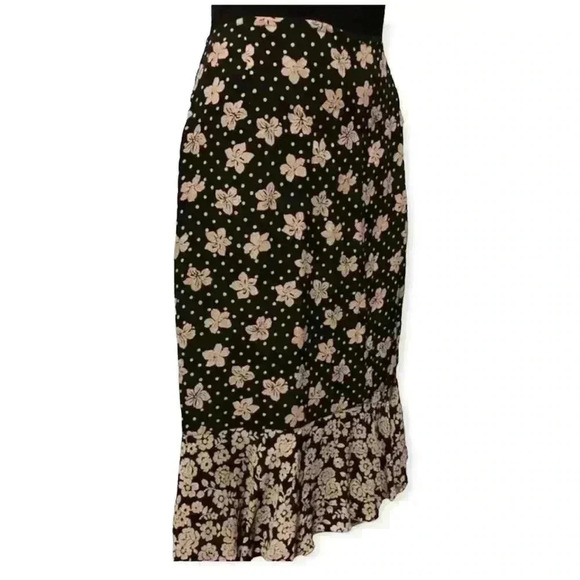 CHICO’s black floral midi trumpet skirt rayon black & ivory contrast flounce 4 - Picture 3 of 7